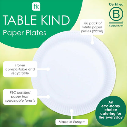 Table Kind 80 Piatti di Carta Bianchi Monouso Ecologici per Catering, Furgoni Alimentari, Campeggio, BBQ, Feste di Compleanno, Compostabili 22cm