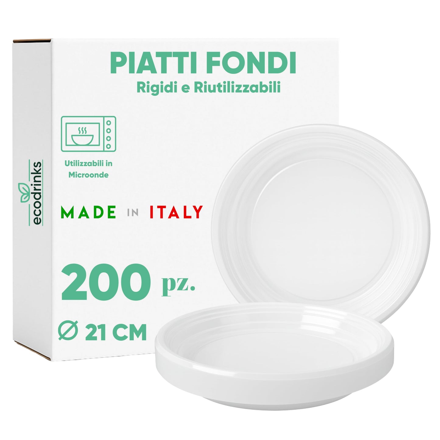 ecodrinks - 200 Piatti Fondi Bianchi da Ø21cm - RIUTILIZZABILI - Base Antiscivolo, Robusti e Lavabili - Ideali per Sagre, Feste, Eventi - Scelta Ecologica e Sostenibile