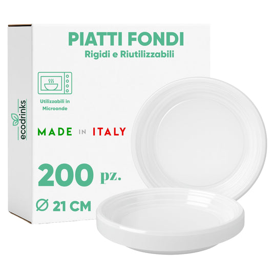 ecodrinks - 200 Piatti Fondi Bianchi da Ø21cm - RIUTILIZZABILI - Base Antiscivolo, Robusti e Lavabili - Ideali per Sagre, Feste, Eventi - Scelta Ecologica e Sostenibile