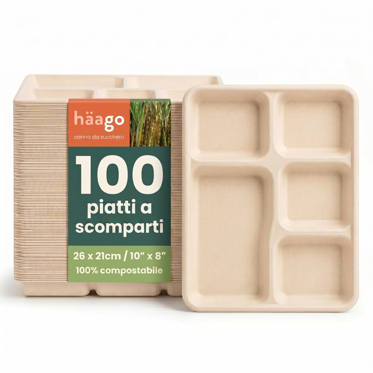 HAAGO 100 Piatti a 5 Scomparti 26×21 cm – Vassoi Monouso Compostabili in Bagassa di Canna da Zucchero – Piatto a Scomparti Rettangolare con Divisori - Extra Resistente, Antigrasso & Anti-Perdita