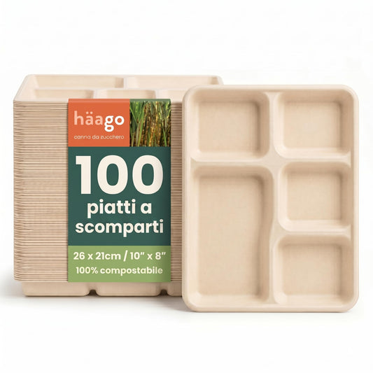 HAAGO 100 Piatti a 5 Scomparti 26×21 cm – Vassoi Monouso Compostabili in Bagassa di Canna da Zucchero – Piatto a Scomparti Rettangolare con Divisori - Extra Resistente, Antigrasso & Anti-Perdita