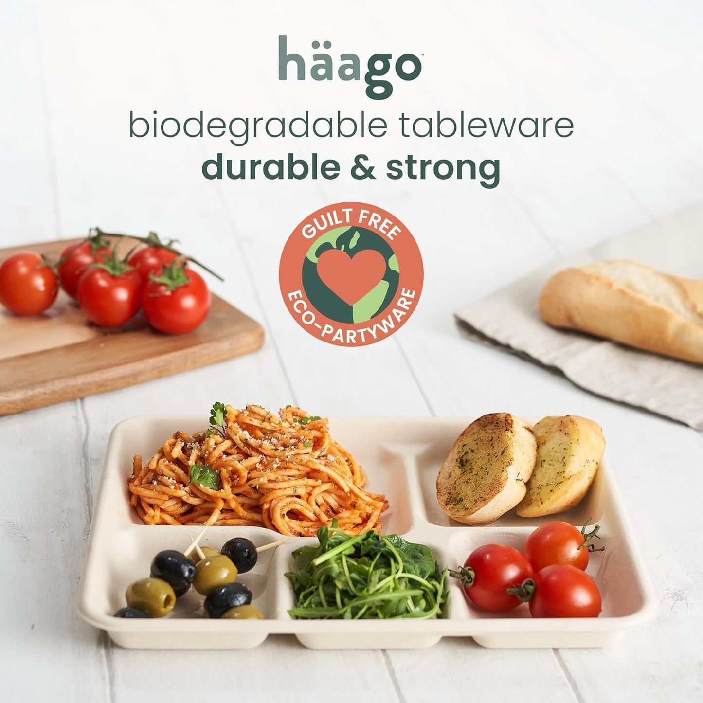 HAAGO 100 Piatti a 5 Scomparti 26×21 cm – Vassoi Monouso Compostabili in Bagassa di Canna da Zucchero – Piatto a Scomparti Rettangolare con Divisori - Extra Resistente, Antigrasso & Anti-Perdita