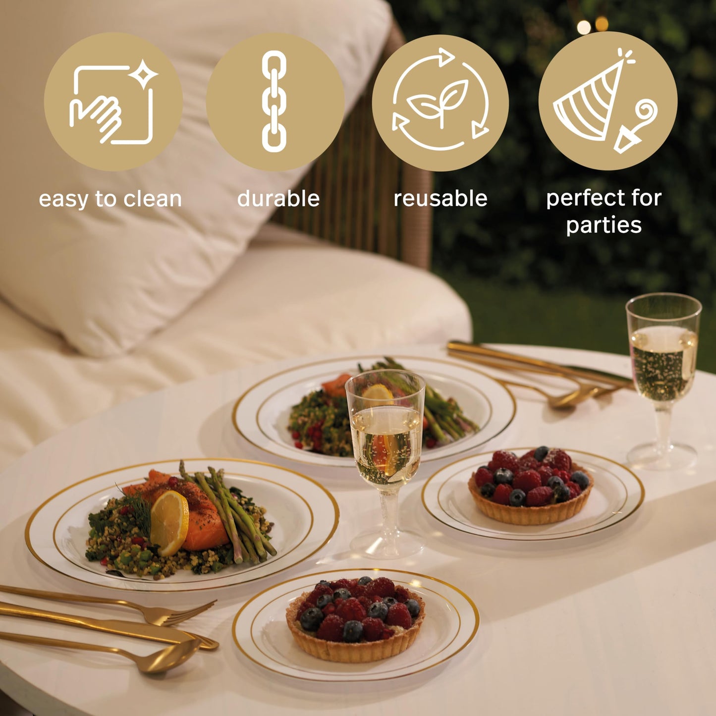 Matana - 60 Eleganti Piatti in Plastica Bianchi con Bordo Dorato (2 Misure: 30 x 26cm, 30 x 19cm) - Resistenti e Riutilizzabili - Matrimoni, Compleanni, Battesimi, Natale, Barbecue, Feste