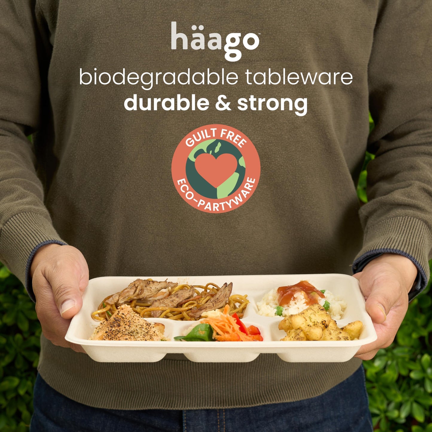 HAAGO 100 Piatti a 5 Scomparti 26×21 cm – Vassoi Monouso Compostabili in Bagassa di Canna da Zucchero – Piatto a Scomparti Rettangolare con Divisori - Extra Resistente, Antigrasso & Anti-Perdita